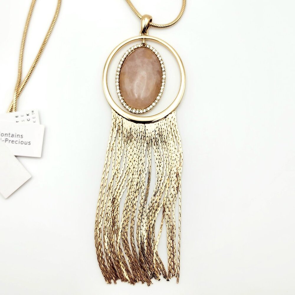 WHBM Long Rose Quartz and CZ Pendant w/Gold-Tone Fringe Necklace